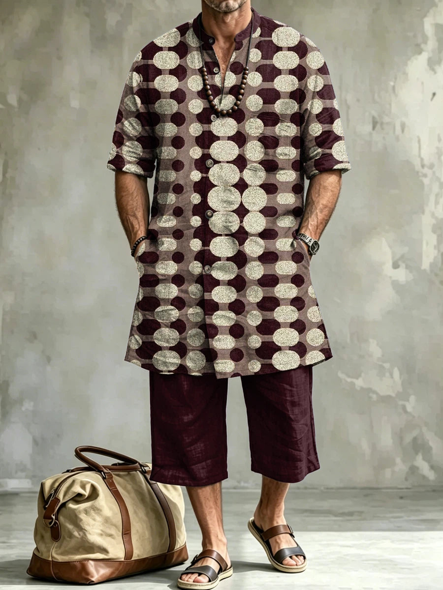Men's Fashionable Retro Geometric Print Casual Henley Collar Short-sleeve Linen Top Shorts Two-piece Set